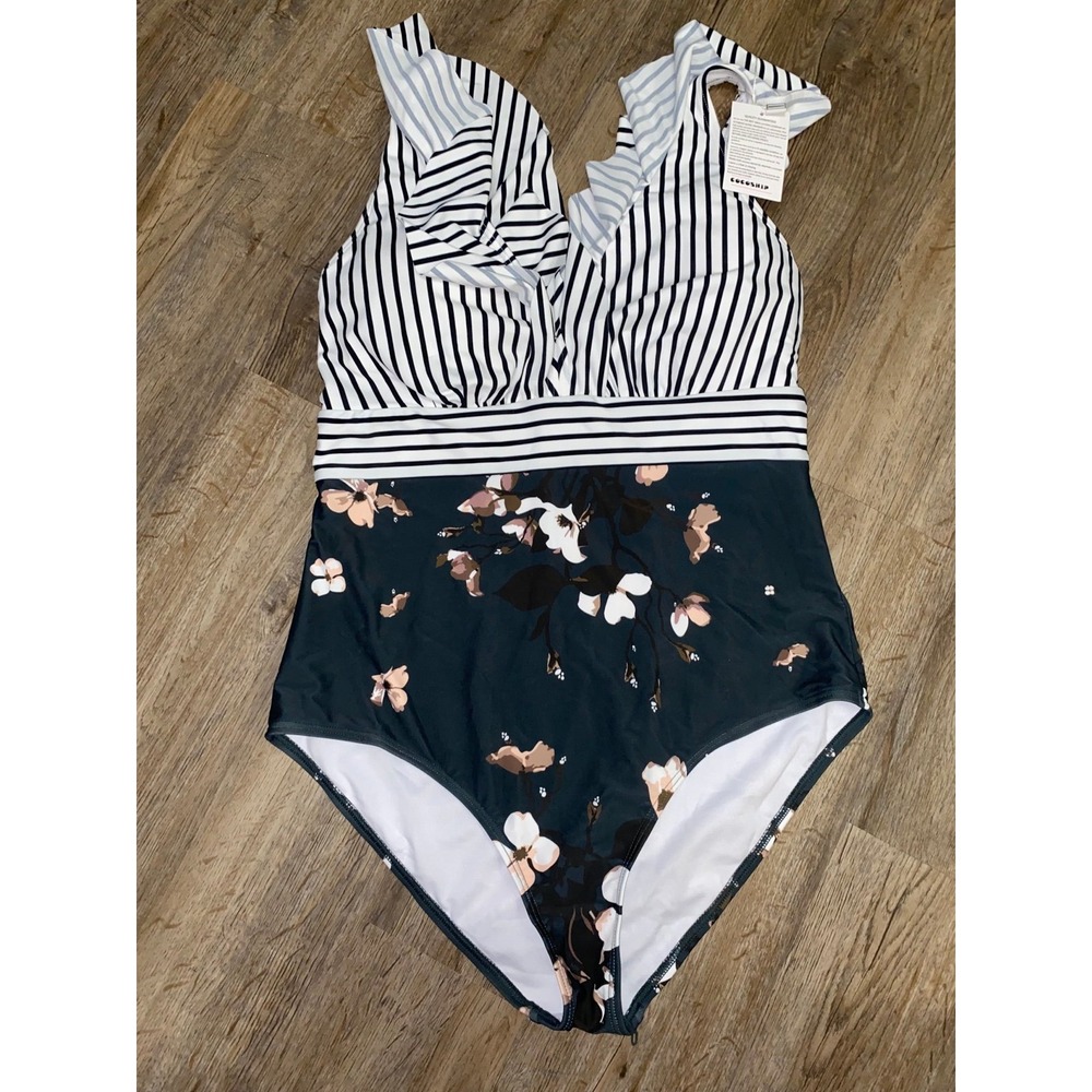 NWT Cocoship‎ Womens One Piece, Floral/Stripped, Sz 14